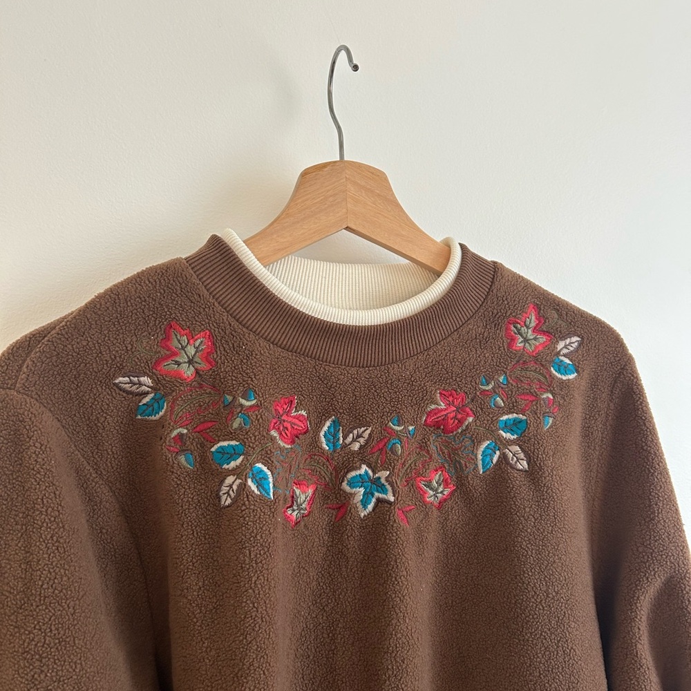 Alia Brown Crewneck Sweater with Pink & Teal Floral Embroidery